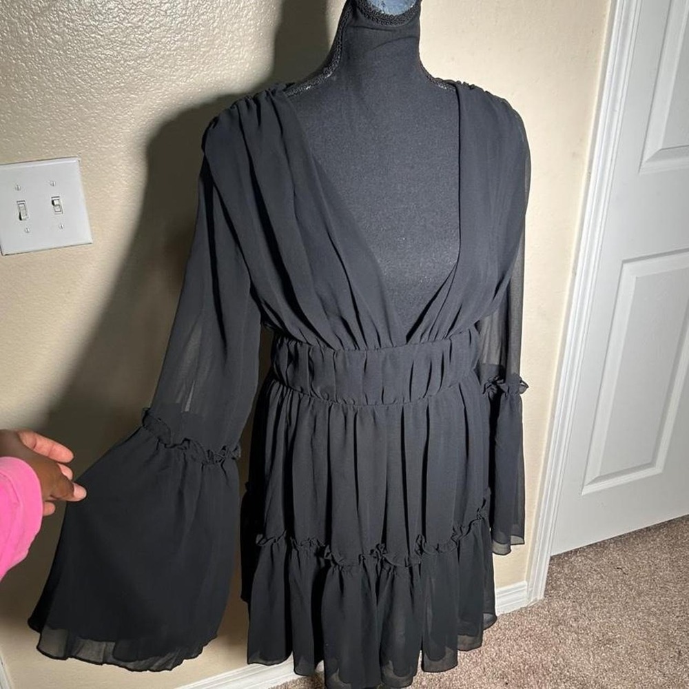 Miss Ord Boho Black Bell Sleeve Mini Dress Sheer Long Sleeve Ruffle Y2K XS/S